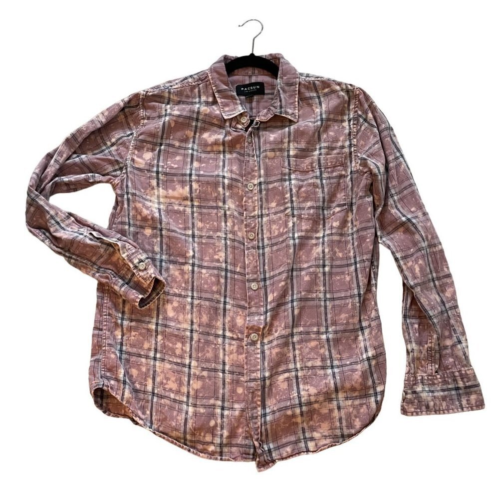 Pacsun Button-Up Shirt Mens Large Pink Plaid Collared Patch Chest Pocket